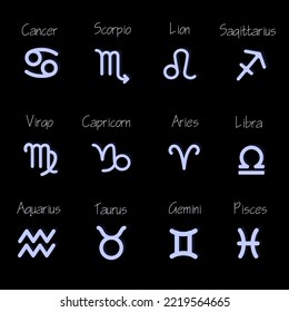 A set of zodiac sign elements with a shadow on a dark background. Suitable for printing on textiles and paper. Print on clothes, postcards, banners on the wall.