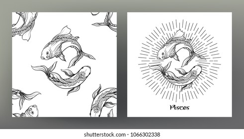 Pisces, fish. Set of Zodiac sign illustration on the sacred geometry symbol pattern and  seamless pattern with this sign. Black-and-white graphics. Stock vector illustration.