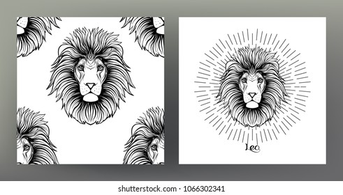 Leo, lion. Set of Zodiac sign illustration on the sacred geometry symbol pattern and  seamless pattern with this sign. Black-and-white graphics. Stock vector illustration.