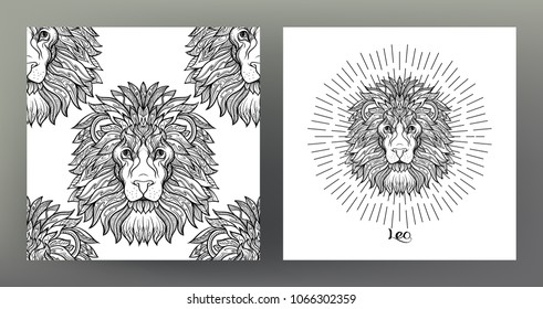 Leo, lion. Set of Zodiac sign illustration on the sacred geometry symbol pattern and  seamless pattern with this sign. Black-and-white graphics. Stock vector illustration.