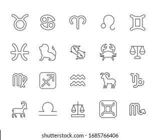 Conjunto de iconos de línea de vectores relacionados con signos de zodiaco. Incluye íconos como horóscopo, astrología, constelaciones y más.