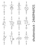 Set of zodiac sign and symbol blackwork tattoo. Sacred geometry horoscope tattoo design collection, mystic symbol of constellation. New school dotwork, line art minimalist style tattoo. Boho design.