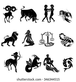 Set zodiac sign . Vector Illustration. Black contour icon.