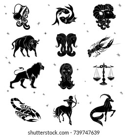 Set zodiac sign . Vector Illustration. Black contour icon.