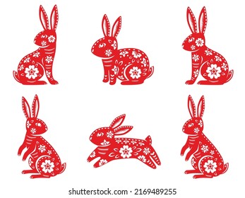 Set of zodiac sign, year of the Rabbit, with red paper cut art on white color background