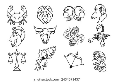 Set of zodiac signs. Aries, leo, gemini, taurus, scorpio, aquarius, pisces, sagittarius, libra, virgo, capricorn and cancer. Vector illustration