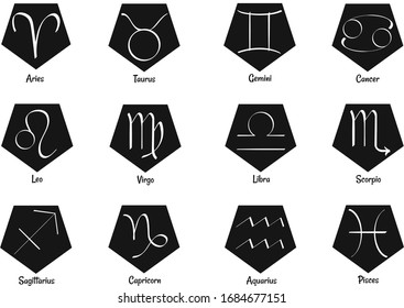 Set of zodiac signs; Aries, Taurus, Gemini, Leo, Virgo, Libra, Cancer, Scorpio, Sagittarius, Capricorn, Aquarius, and Pisces. Hand drawn vector with white color isolated on the black color background.