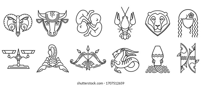 Set of zodiac signs Aries Taurus Gemini Cancer Leo Virgo Libra Scorpio Sagittarius Capricorn Aquarius Pisces Black and white star signs Astrological symbol, logo, emblem. Outline vector illustration