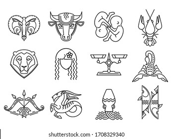 Set of zodiac signs Aries Taurus Gemini Cancer Leo Virgo Libra Scorpio Sagittarius Capricorn Aquarius Pisces Black and white star signs Astrological symbol, logo, emblem. Thin line illustration.