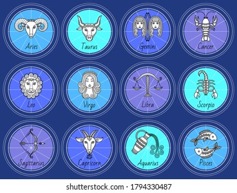 Set of zodiac signs Aries and Taurus, Gemini and Cancer, Leo and Virgo, Libra and Scorpio, Sagittarius and Aquarius, Pisces isolated round icons with horoscope symbols. Astrological collection, vector