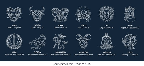 Set of zodiac signs, astrological horoscope signs. Contour white drawings on a blue background. Icons, vector