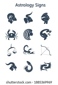 set of zodiac signs Astrology horoscope. Vector flat design cartoon web icons with handwritten text naming the mascots