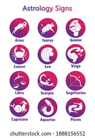 set of zodiac signs Astrology horoscope. Vector flat design cartoon web icons with handwritten text naming the mascots