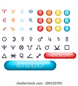 set of zodiac signs, buttons and planets