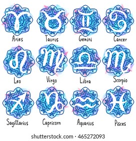 Set of zodiac signs with captions. Horoscope icons