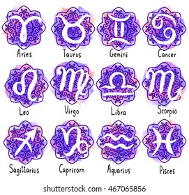 Set of zodiac signs with captions. Horoscope icons