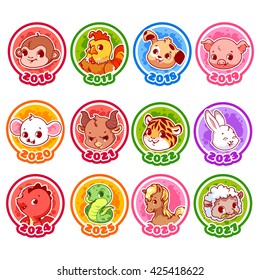 Set of zodiac signs in cartoon style. Chinese zodiac. Vector illustration isolated on a white background.