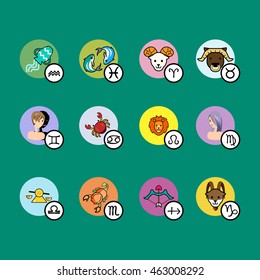 Set of zodiac signs in cartoon style. Vector illustration isolated on a green background.