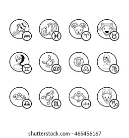 Set of zodiac signs in cartoon style. Vector illustration isolated on white background.