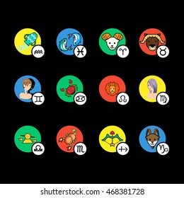 Set of zodiac signs in cartoon style. Vector illustration isolated on a black background.