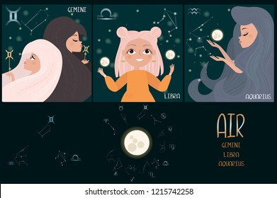 Set of Zodiac signs character. Element of air: gemini, libra, aquarius. Editable vector illustration 