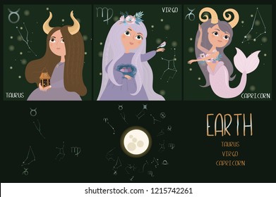 Set of Zodiac signs character. Element of earth: taurus, virgo, capricorn. Editable vector illustration 