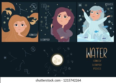 Set of Zodiac signs character. Element of water: cancer, scorpio, pisces. Editable vector illustration 