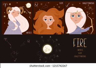 Set of Zodiac signs character. Element of fire: aries, leo, sagittarius. Editable vector illustration 