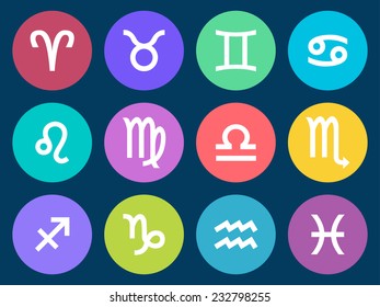 Set of zodiac signs in circle in flat style. Colorful round icons. Vector illustration.