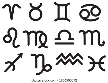 Set of zodiac signs. Collection of symbols of astrological horoscopes. Stellar bodies. Vector illustration isolated on white background.