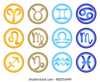 Set of zodiac signs colored respectively with the elements. Vector illustration
