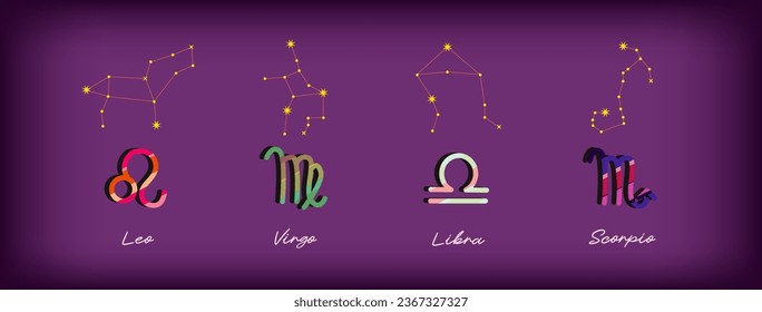 Set Zodiac signs, Colorful zodiacs, Icons for the design of Esoteric with Constellations, astrologic maps, calendars. Vector elements on Purple background. Leo Virgo Libra, Scorpio