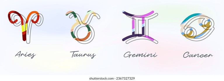 Set Zodiac signs, Colorful zodiacs, Icons for the design of Esoteric with Constellations, astrologic maps, calendars. Vector elements on White background. Aries Taurus Gemini, Cancer