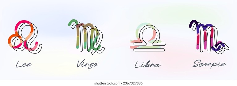 Set Zodiac signs, Colorful zodiacs, Icons for the design of Esoteric with Constellations, astrologic maps, calendars. Vector elements on White background. Leo Virgo Libra, Scorpio