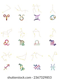 Set Zodiac signs, Colorful zodiacs, Icons for the design of Esoteric with Constellations, astrologic maps, calendars. Vector elements on White background. The color of the element of the month