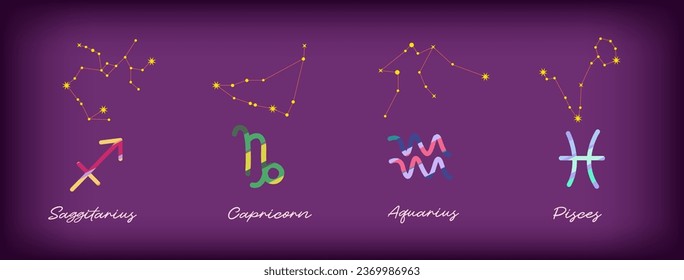 Set Zodiac signs, Colorful zodiacs, Icons for the design of Esoteric with Constellations, astrologic maps, calendars. Vector elements on Purple background. Sagittarius, Capricorn, Aquarius, Pisces