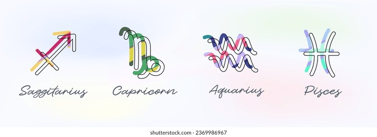 Set Zodiac signs, Colorful zodiacs, Icons for the design of Esoteric with Constellations, astrologic maps, calendars. Vector elements on White background. Sagittarius, Capricorn, Aquarius, Pisces