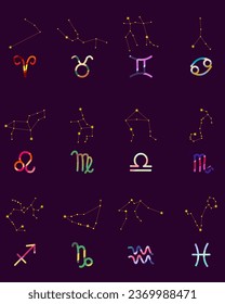 Set Zodiac signs, Colorful zodiacs, Icons for the design of Esoteric with Constellations, astrologic maps, calendars. Vector elements on dark background. The color of the element of the month