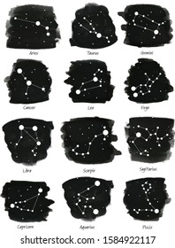 Set of zodiac signs as constellations in the dark sky. With written names. Hand drawn watercolor backgrounds