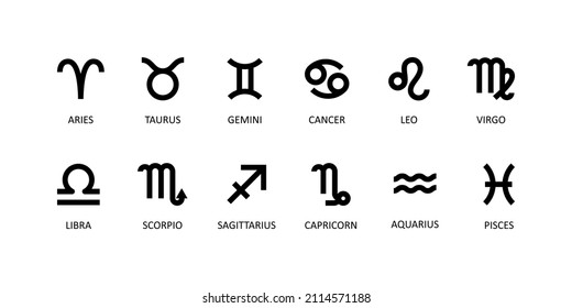 Set of zodiac signs in flat black and white style