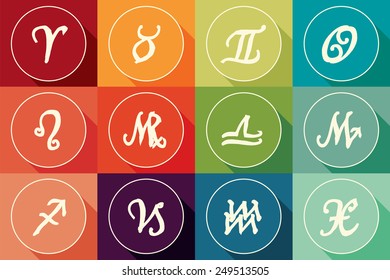 Set of zodiac signs in flat design with long shadow