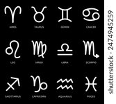 Set of zodiac signs. Flat white icons on a black background. Vector illustration.