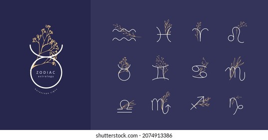 Set of Zodiac signs with floral brunch. Astrology horoscope icons of esoteric. Vector illustration