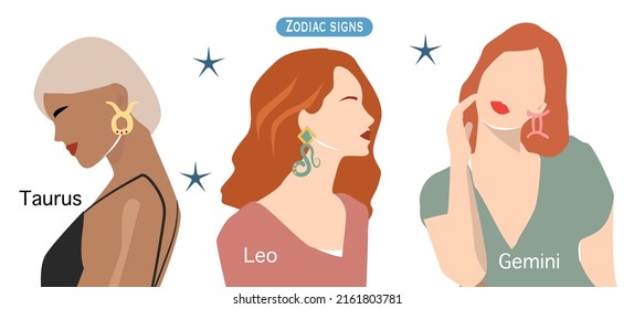  A set of zodiac signs with girls. Earrings in the form of zodiac signs. Posters with Horoscope. Zodiac signs Taurus, Leo, Gemini. A set of girls of different styles