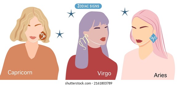  Eine Reihe von Tierkreiszeichen mit Mädchen. Ohrringe in Form von Tierkreiszeichen. Poster mit Horoskop. Zodiac Schilder Virgo, Aries, Capricorn. Eine Reihe von Mädchen verschiedener Stile. Mädchen mit buntem Haar