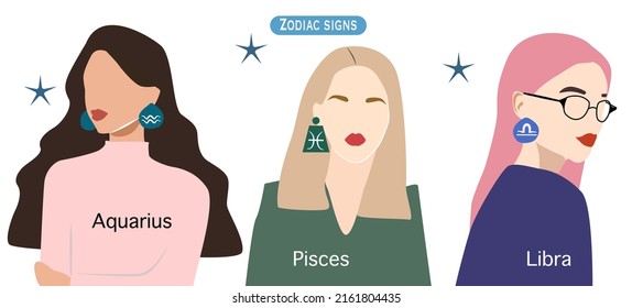  A set of zodiac signs with girls. Earrings in the form of zodiac signs. Posters with Horoscope. Zodiac signs Aquarius, Pisces, Libra. A set of girls of different styles. Star patern with a girl 