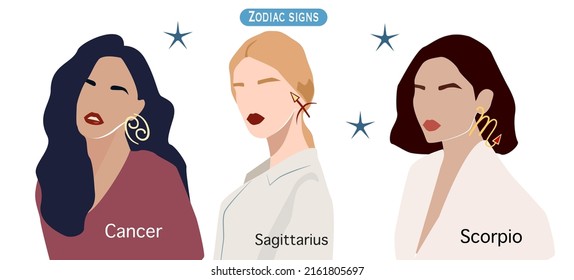 Un conjunto de signos de zodiaco con niñas. Anillos en forma de signos zodiacos. Carteles con Horoscopio. Signos zodiacos Cáncer, Sagittarius, Escorpio. Un conjunto de chicas de diferentes estilos. Niñas de estilos diferentes