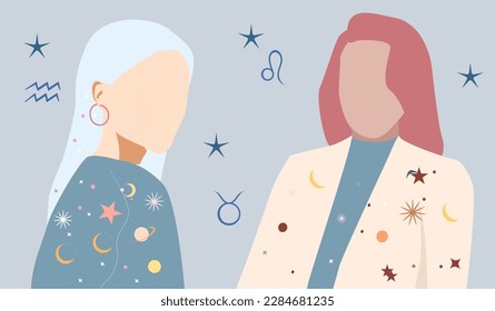  A set of zodiac signs with girls. Earrings in the form of zodiac signs. Posters with Horoscope. Zodiac signs Virgo, Aries, Capricorn. A set of girls of different styles. Girls with colored hair