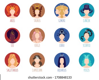 Set of zodiac signs girls silhouettes, horoscope avatar icons, vector illustration