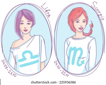 Set of zodiac signs. Girls in t-shirts with different hairstyles colored line art sketch - libra, scorpio